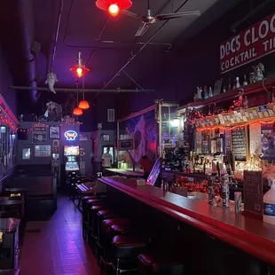 a bar with red lights