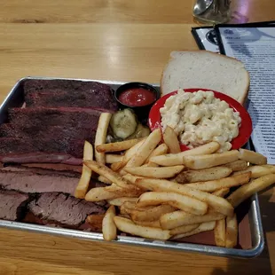 Choose 3 sides- Brisket, double ribs, Mac &amp; cheese, with fries.