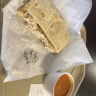 Tuna salad on flatbread and cup of red pepper/gouda soup.