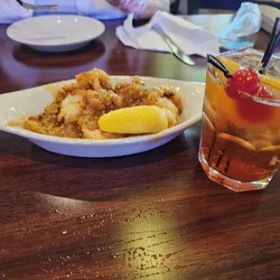 Spicy fried shrimp and a Maker&apos;s Old Fashioned