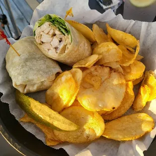 Chicken Ceasar wrap with homemade potato chips
