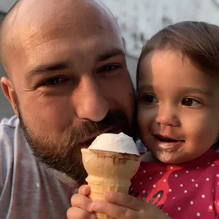 My and my kiddo, medium soft serve vanilla dipped in chocolate. Life doesn&apos;t get much better.