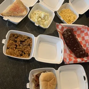 Ribs, baked beans, Mac n cheese, pulled pork Sammy, unicorn jammie