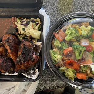Jerk chicken with beans and cabbage, Bermuda Bowl - Fried Rice and Chicken.