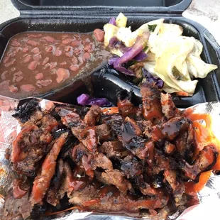 Large portion of Jerk Pork (hot) with red beans and cabbage stir fry