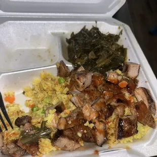 Jerk pork, island fried rice, collard greens (spicy)