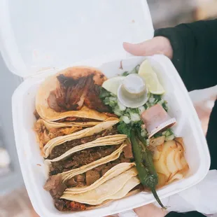 a person holding a tray of tacos
