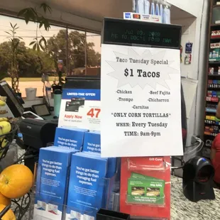 The register where you pay for your food is on the opposite side of the gas station