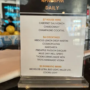 Happy hour menu daily 4-6pm