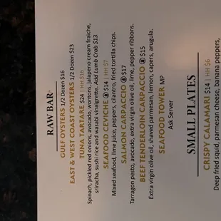 Menu. HH indicates happy hour priced