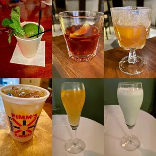 Top Row: Mai Tai, Sazerac and Brandy Crusta  Bottom Row: Pimm's Cup, French 75, and Grasshopper