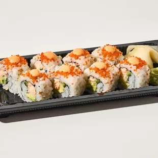 California Roll with Crab, cucumber, avocado, tobiko, spicy mayo