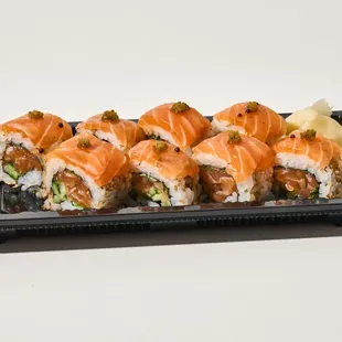 Truffle Salmon roll - yuzu kosho, cucumber, cilantro, shiso, puffed rice, truffle dressing