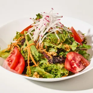 House salad - Artisan greens, radish, tomato, carrots, crispy shallots, ginger dressing