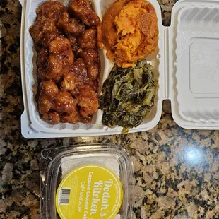 General Tso cauliflower, collards,  candie yams