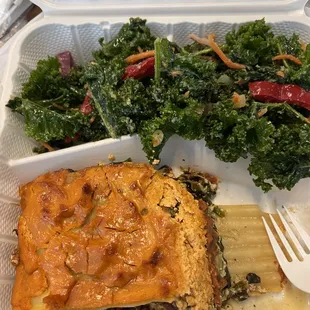 Vegan Spinach lasagna and garlic kale.  Very good and filling- got 2 and a half meals out of this