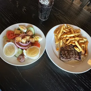 Steak, side salad, and fries