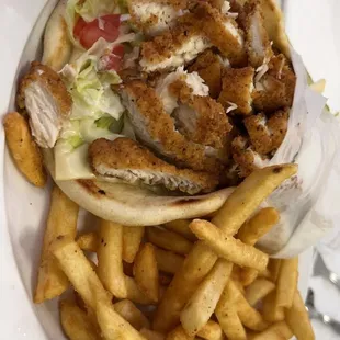 Chicken Tender Pita and French fries