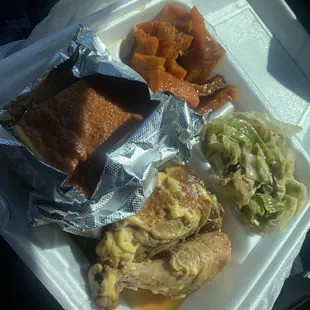 Baked chicken yams and cabbage with corn bread