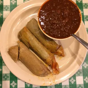 Tamales and they come with chili