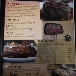 a menu for steak and fries