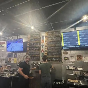 two men standing in front of a bar