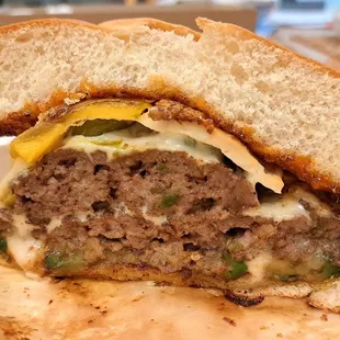 Inside the Little Mule double cheeseburger. It weighed 1 pound!