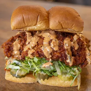 Hot Chick Chicken Sandwich - Spicy Nashville Hot fried chicken breast, secret sauce, pickles, lettuce