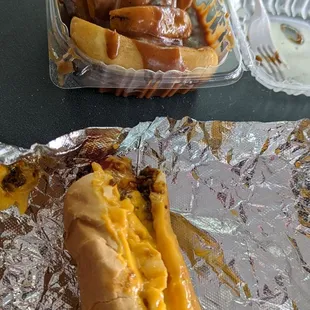 Chili cheese dog and fries with gravy