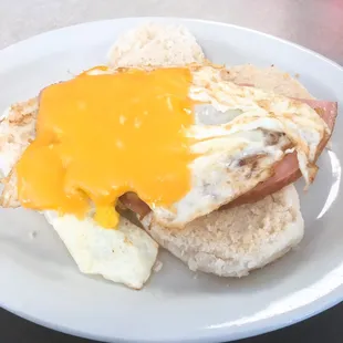 Egg, ham, and cheese "sandwich" on biscuits