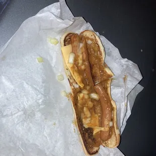 Foot long chili cheese  hot dog.