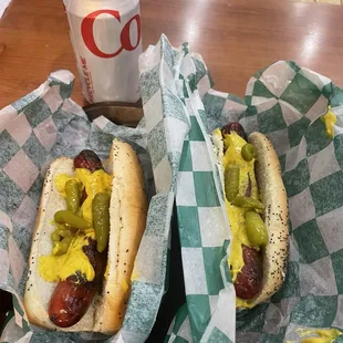 Char Dogs with sport peppers, mustard, and celery salt, and a Diet Coke