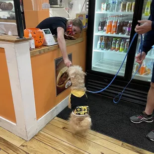 They give dogs treats and are allowed indoors.