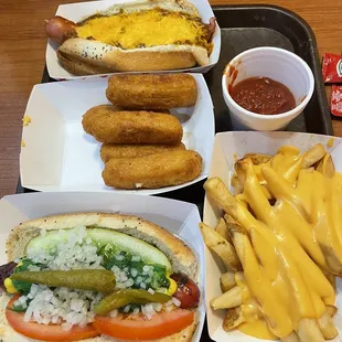 Chili Cheese Dog Mozzarella Sticks Cheesy fries Chicago hot dog