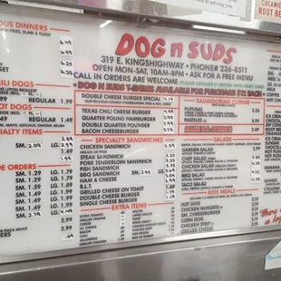the menu for the dog n suds