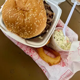 Boilermaker, cole slaw and onion rings underneath. The charcoal burgers are so good!