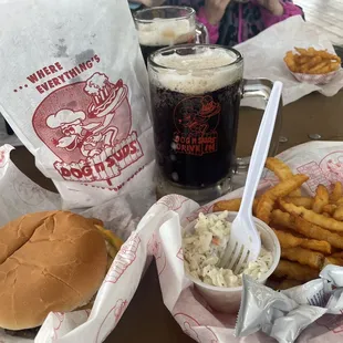 a hamburger, fries, and beer