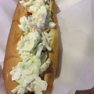 Dog with slaw, siracha, and bacon (really, it's there. Under the slaw)