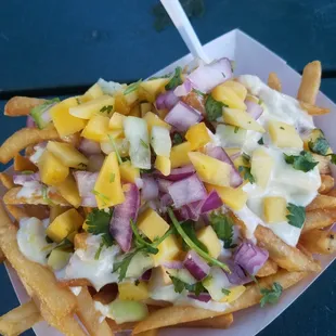 Paradise fries (no cheese). The mango cucumber salsa is tasty