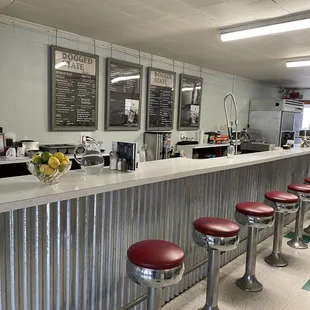 a dog sitting at the bar