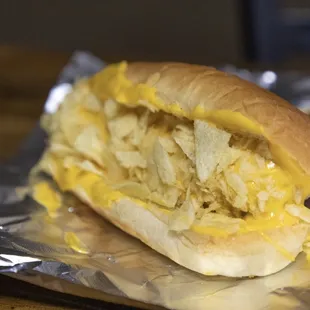 Puerto Rican style dog - nacho cheese and crumbled potato chips.  I love this one!