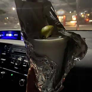 Elote to go. Lime wedge included