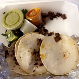 Steak tacos this is how they looked when I opened the box (the hot Cheetos and cheese hit the spot Tho not gonna lie