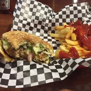 Salmon burger and fries. Sorry I couldn't wait it was so good.