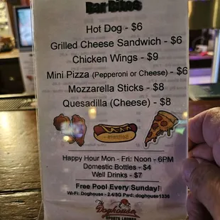 Great selection of delectable (probably frozen) bar food. The perfect combinations!  Actually, fairly priced.