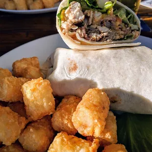 Club Wrap... chicken, bacon, pulled pork, cheddar, veg and a chipotle lime aioli. Upgrade to tots.