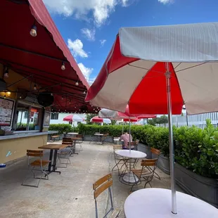 tables and umbrellas outside