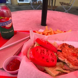 Grilled Chicken Sandwich, French Fries, Snapple apple