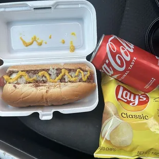 A classic! Chili dog, or coney dog (coney sauce, onions, and mustard), with drink &amp; chips of my choice.