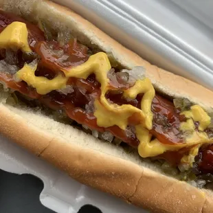 A Coney Island Beef Hotdog &quot;all the way&quot; with ketchup, mustard, relish, and onions. Delicious!